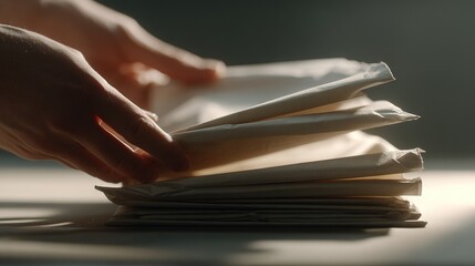 Hands organizing stacked envelopes on table in sunlit room
