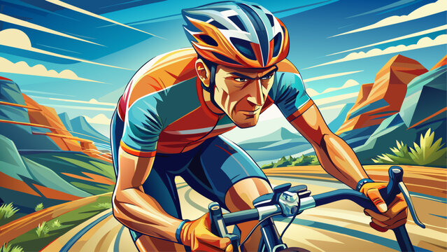 Very beautiful close-up view of a male cyclist riding a bicycle outdoors, featuring detailed handlebars, focused motion, natural light, and a realistic dynamic athletic scene in an outdoor environment