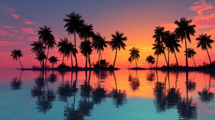 Obraz premium Sunset colors illuminate the sky and water creating a serene atmosphere with palm trees standing tall.