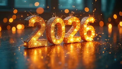 Golden glitter numbers 2026 sparkle with festive lights and bokeh effects. Celebrating new year eve party with bright illumination and joyful anticipation. Welcome future year with vibrant atmosphere.