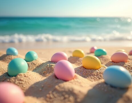 Colorful Easter eggs rest on sandy beach near ocean waves. Spring holiday symbols lie on shore under bright sun. Pastel painted eggs are scattered by water.