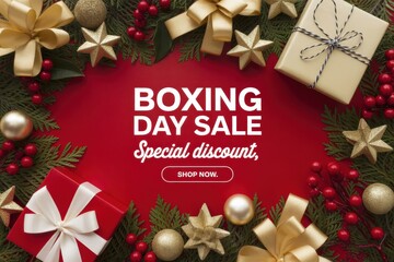 Festive boxing day sale advertisement with gifts and decorations on a red background design