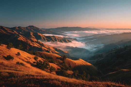 Golden sunrise over misty mountain valley with rolling hills and fog, peaceful natural landscape in warm morning light