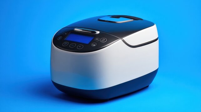 A contemporary rice cooker sits on a bright blue background showcasing its sleek design and user friendly interface.