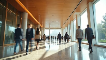 Business people walk through modern office building lobby. Diverse professionals in business attire hurry in blurred motion. Large windows and wooden ceiling in contemporary interior design.