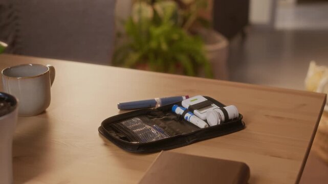 Full no people shot of diabetes testing kit lying on table at home, with insulin pen, blood glucose meter, oral medication tablets, strips, lancets, in black mesh case