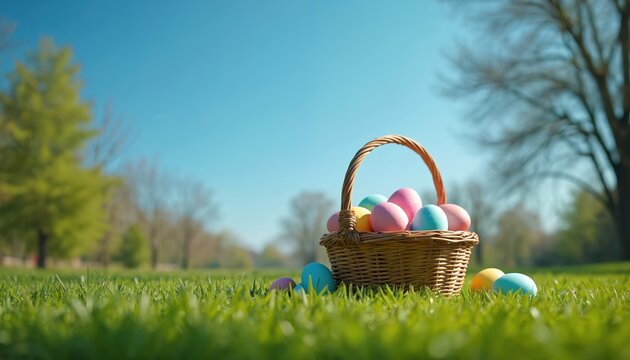 Basket of colorful pastel Easter eggs sits on green grass under blue sky. Spring holiday celebration outdoor scene, ample copy space for text and design.