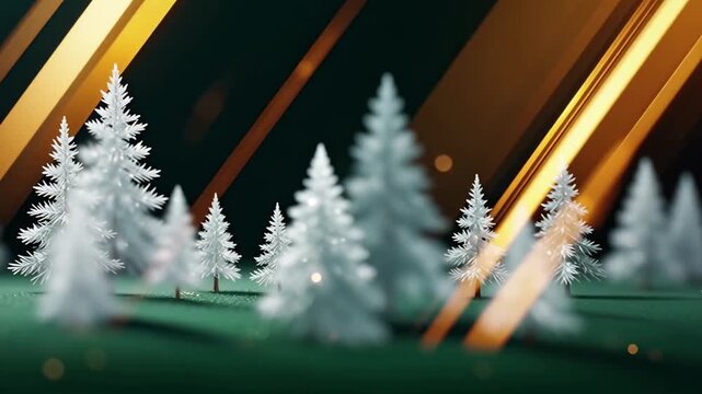 Frosted pine silhouettes glow softly under diagonal golden light leaks on a deep green ground. Minimal winter forest scene blending warmth and cool tones for elegant seasonal background design.