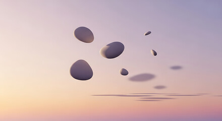 Abstract representation of floating smooth oval shapes casting subtle shadows on a soft, gradient background during a serene sunrise or sunset