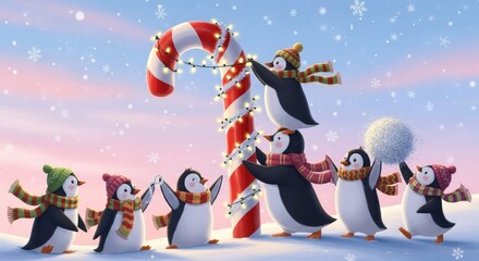 Playful Penguins Decorating a Giant Candy Cane
