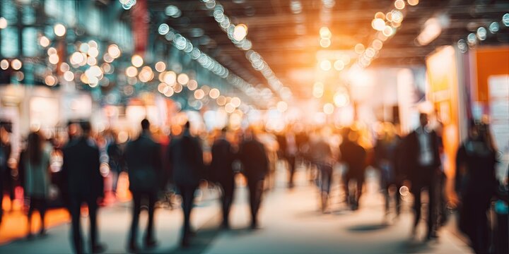Blurry background of a bustling trade show event with warm lighting and vibrant atmosphere filled with people and booths in soft focus