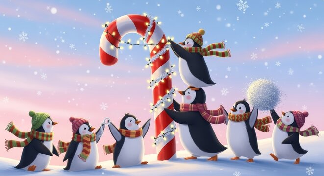 Playful Penguins Decorating a Giant Candy Cane