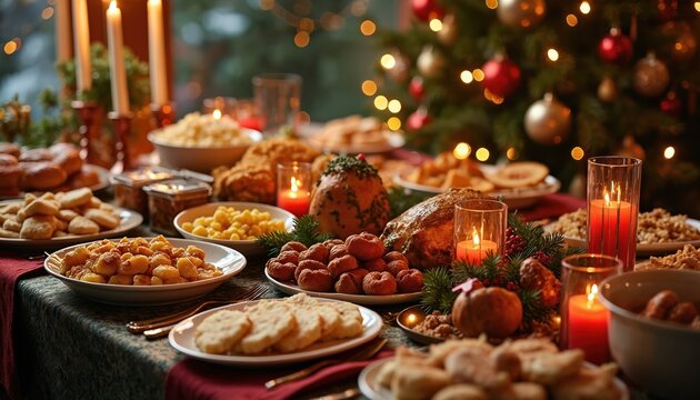 Festive Christmas dinner table laden with diverse dishes and snacks. Decorated with candles and a sparkling Christmas tree, creating a warm holiday atmosphere for family and friends.