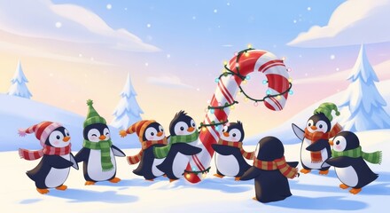 Playful Penguins Decorating a Giant Candy Cane