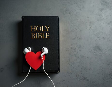 Holy Bible book with earphones and red heart symbol. Modern way to hear Gods word. Spiritual love and devotion concept. Listen to audio Bible.