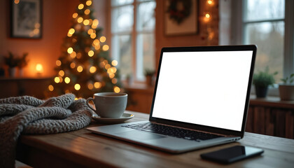 Laptop with blank screen rests on wooden table beside hot beverage, cozy blanket. Decorated Christmas tree glows with warm lights in background, creating festive home office atmosphere. Festive scene