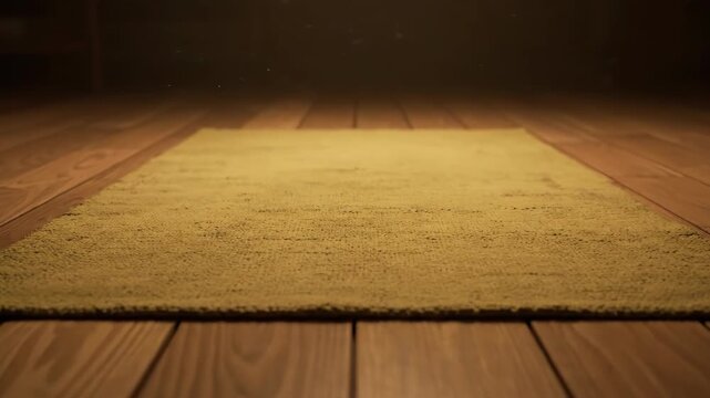Wooden floor, yellow rug, soft light, warm atmosphere