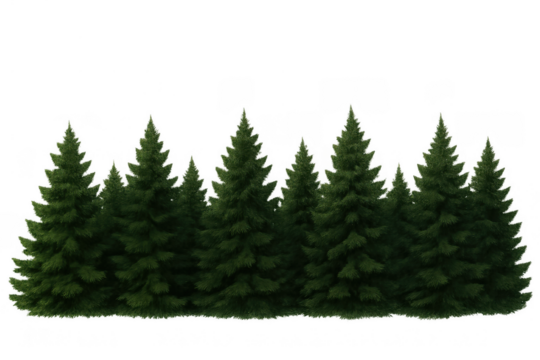 Green pine and spruce trees creating a dense forest line, fresh natural botanical element with transparent background