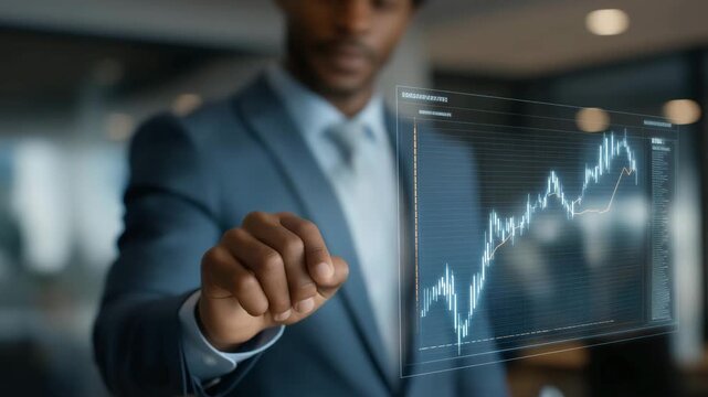 Advisor pointing at holographic projections of property, stocks, and cryptocurrency trends in a modern office, illustrating wealth management, diversified investment strategies, risk mitigation,