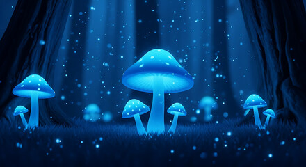Enchanted Blue Mushrooms Forest Illustration A Magical, Luminous Fungi Scene
