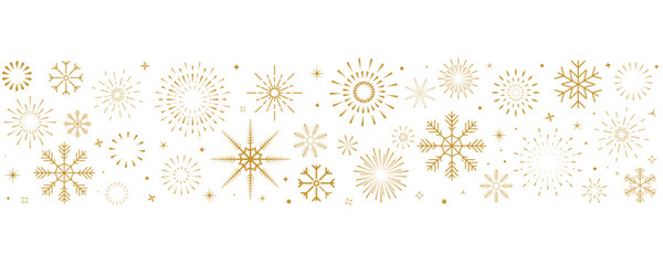 Christmas border, new year holidays banner with gold winter snowflakes and stars. Elegant festive decoration pattern design for greeting cards, celebration events. Vector illustration.