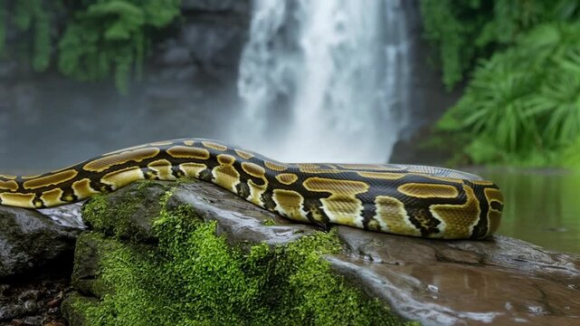 Stunning asiatic reticulated python resting near jungle waterfall