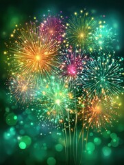 Fototapeta premium Vibrant New Year Celebration 2027 With Colorful Fireworks Bursting Over Emerald Green Night Sky