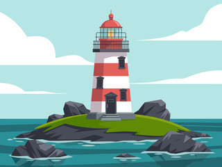 This bright and colorful lighthouse illustration set against a serene ocean backdrop embodies guidance and safety, making it a captivating design for various projects and themes.