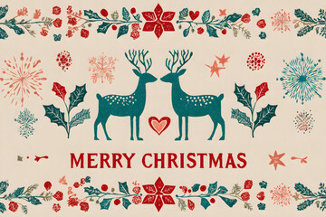 Charming folk art illustration of two reindeer celebrating Christmas.