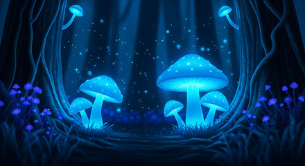 Enchanted Night Luminous Mushrooms and Mystical Glow in a Dreamy Forest Scene