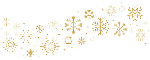 Christmas border with wave gold snowflakes and star, happy new year holiday banner, greeting card decoration pattern, minimal festive design element. Vector illustration.
