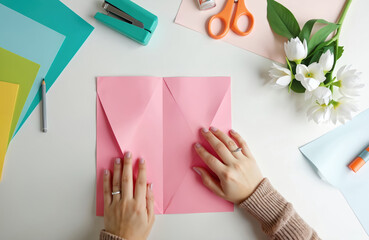 Obraz premium Hands fold pink paper creating greeting card. Craft supplies like scissors, pencil, stapler near colorful paper sheets and white tulips. DIY project for holiday occasion.