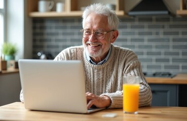 Elderly man smiles, using laptop at home kitchen table. Senior male enjoys modern computer tech, connects online, or relaxes. Happy older adult sips fresh orange juice glass.
