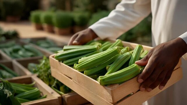 Botanical garden tour with Egyptian guide stacking okra and molokhia in wooden crates for visitor sampling, exotic organic farming, garden vegetable arrangement, sustainable tour harvest, cultural