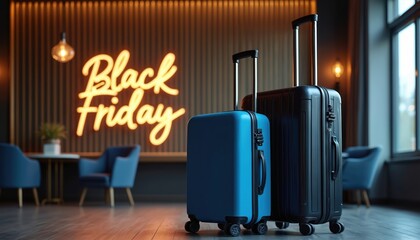 Naklejka premium Two suitcases stand ready for travel near a neon Black Friday sign in a hotel lobby. Offers for trips and vacations are advertised. Customers can book deals on flights, hotels, and packages.