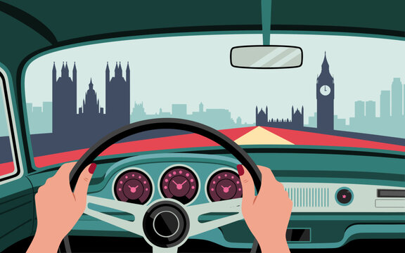 This vector illustration captures the retro feeling of driving through a classic car's windshield, showcasing London's iconic skyline with important landmarks.