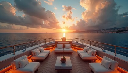 Luxury yacht deck with seating furniture overlooks calm ocean during sunset. City skyline visible on distant shore under cloudy sky. Serene voyage setting for exclusive leisure and travel.