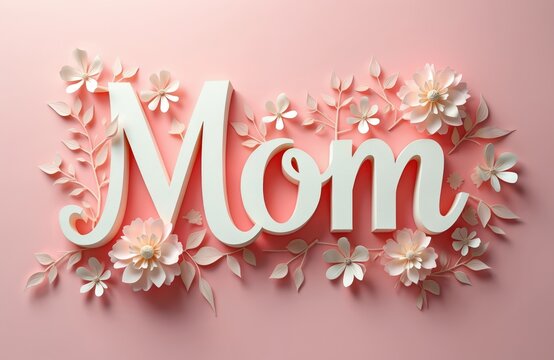 Large white 3D letters spell MOM. Delicate paper flowers and leaves adorn the word. Soft pink background creates a gentle aesthetic. Elegant floral design celebrates motherhood and family. - Powered by Adobe