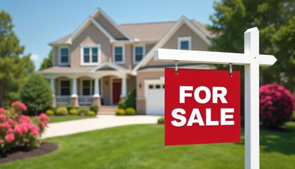 Red for sale sign stands on green lawn before large suburban house with garden. Residential home property on real estate market. New house concept for selling, buying, investment, getting mortgage on