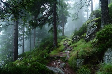 Fototapeta premium Foggy forest trail through pine trees and mossy rocks after rain, peaceful green woodland in misty morning light