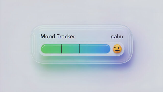 3D render of Mood Tracker UI, glassmorphism element, calm emoji, futuristic health app, green to blue bar, mental wellness concept.