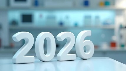 2026 numbers standing on glossy laboratory table with blurred lab equipment, background modern scientific concept of research brands and innovation promotions.