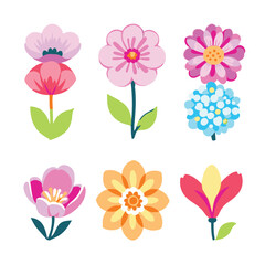 Colorful flat vector flower icon set with various floral designs on white background
