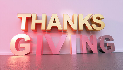 Thanksgiving 3D render typography in light on a red background, minimalist holiday text design for invitations, cards, banners, posters and seasonal graphics.