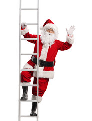 Santa Claus climbing a ladder and waving at camera