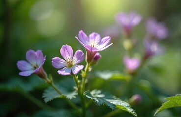 Close-up shot of delicate purple wild geranium flowers with green leaves. Soft sunlight illuminates blooming petals in natural outdoor setting, highlighting plant gentle beauty and vibrant life cycle.