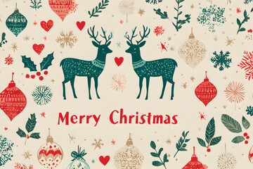Two stylized green reindeer facing each other with Merry Christmas greeting.