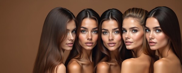 Five diverse young women pose for beauty concept. Models show healthy shiny hair, smooth glowing skin in studio. This shot highlights natural look for cosmetic and body care advertising.