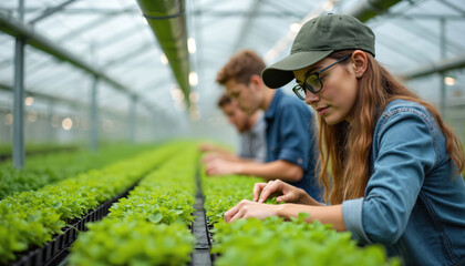 Students learn modern farming methods in a greenhouse. They study plant growth, soil, and crop development. Young people work together in an agricultural research lab.