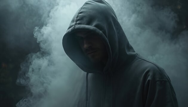 Man wearing hooded sweatshirt stands in ethereal smoke. His face is partially obscured, creating an aura of mystery. He looks down with a serious expression.